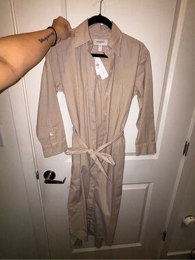 NWT Banana Republic Beige White Striped Midi Shirt Dress with Tie Belt